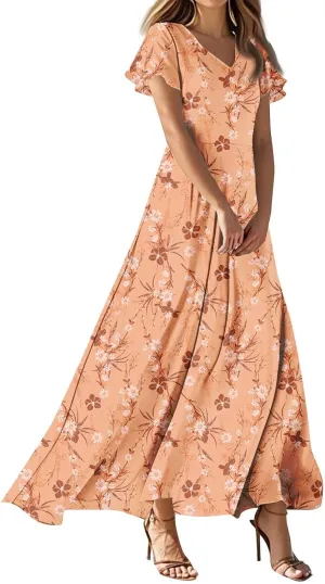 Party Dresses for Women Casual Loose Trendy Short Sleeve V-Neck Floral Print Beach Vacation Boho Maxi Dress, XS-2XL