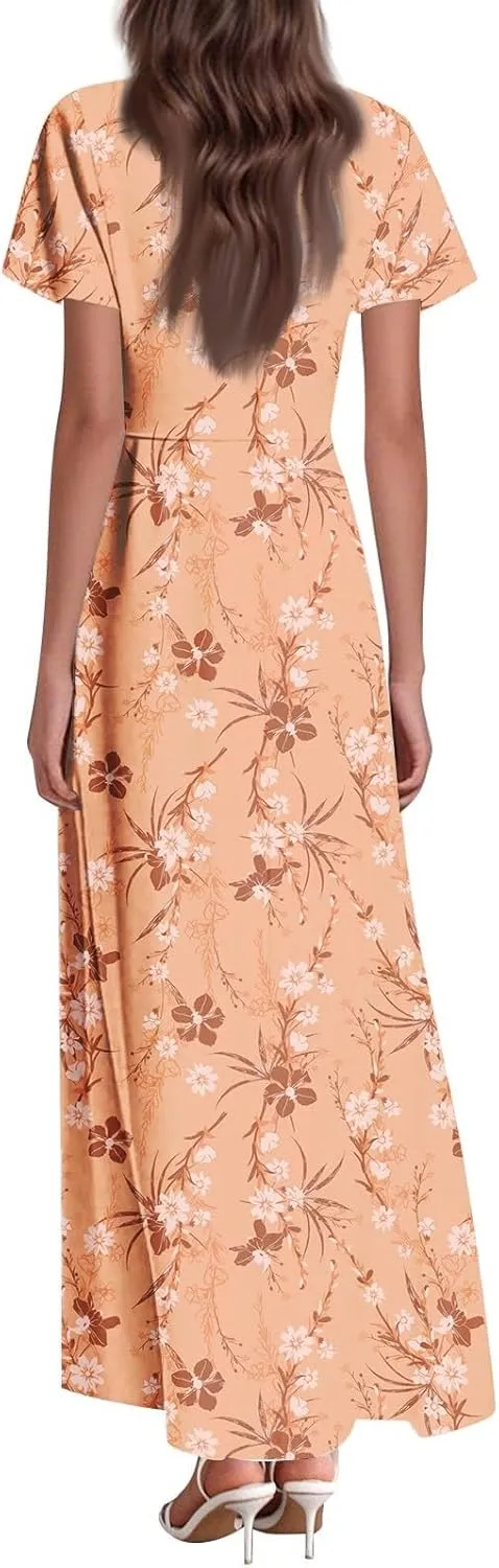 Party Dresses for Women Casual Loose Trendy Short Sleeve V-Neck Floral Print Beach Vacation Boho Maxi Dress, XS-2XL