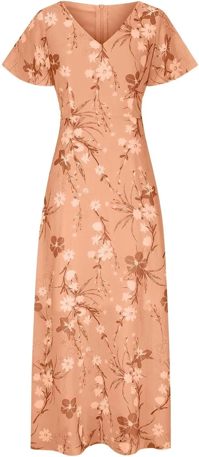 Party Dresses for Women Casual Loose Trendy Short Sleeve V-Neck Floral Print Beach Vacation Boho Maxi Dress, XS-2XL