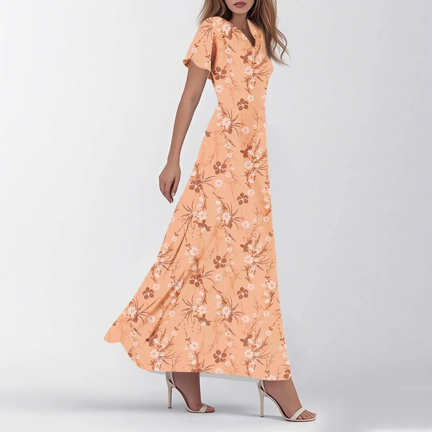 Party Dresses for Women Casual Loose Trendy Short Sleeve V-Neck Floral Print Beach Vacation Boho Maxi Dress, XS-2XL