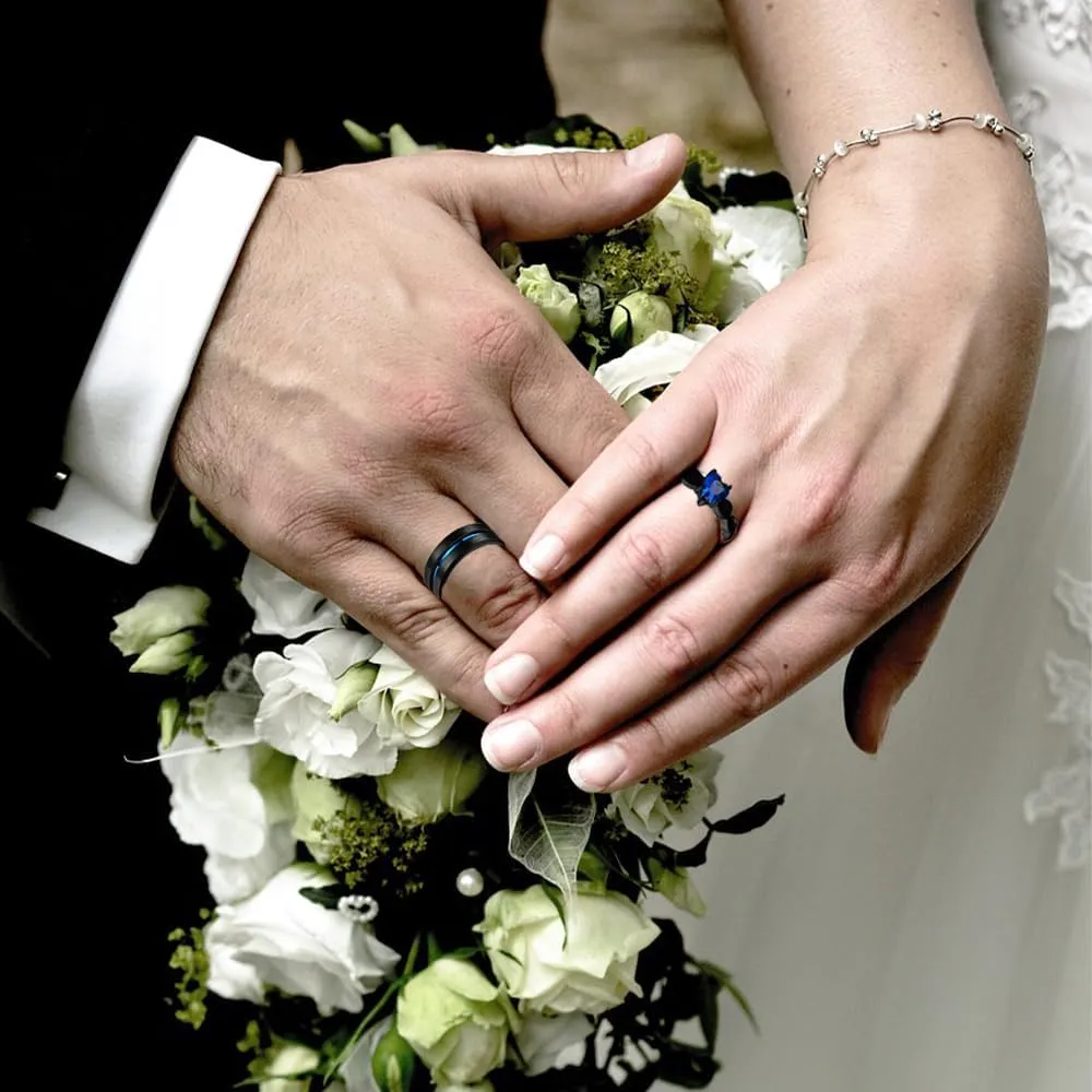 Personalized Black and Blue Wedding Rings Set for Him and Her Matching Promise Rings for Couples Stainless Steel Engraved Name Rings for Couples 8mm Mens Wedding Band Womens Blue Sapphire & Cubic Zirconia Ring 5-13