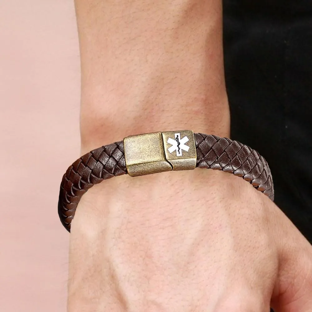 Personalized Braided Leather Emergency Medical Alert Bracelet for Men Women Medical ID Bracelets Engraved Customize Emergency Medical id Jewelry for Seniors 7.5 to 9.5 Inches