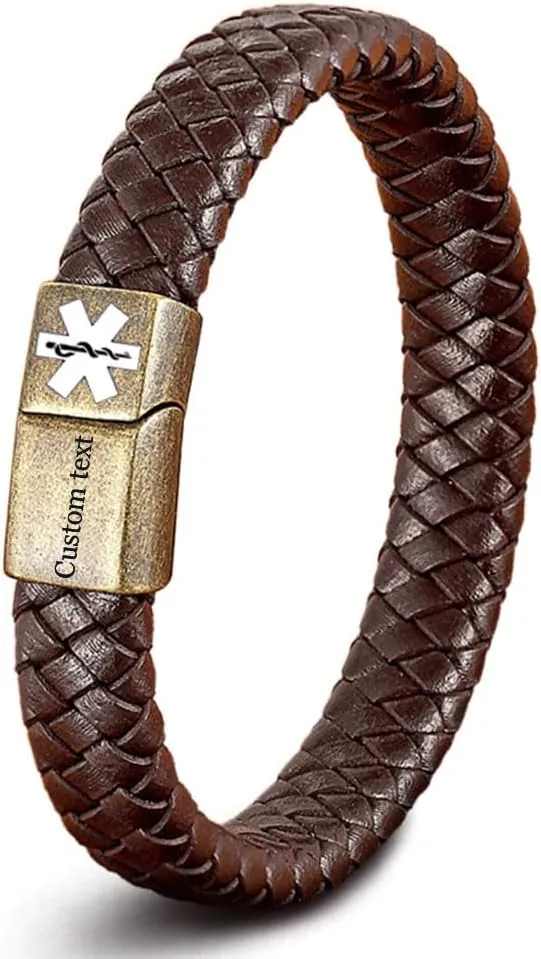 Personalized Braided Leather Emergency Medical Alert Bracelet for Men Women Medical ID Bracelets Engraved Customize Emergency Medical id Jewelry for Seniors 7.5 to 9.5 Inches