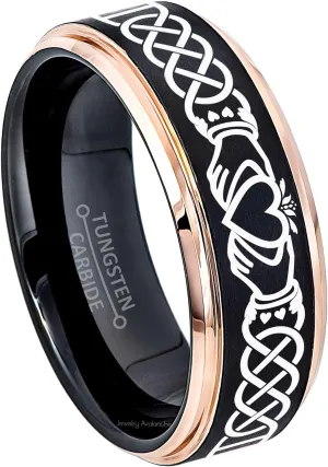 Personalized Celtic Claddagh Tungsten Rings Matching Bands or by Individual - 2-tone Black & Rose Gold Tungsten Carbide Ring Comfort Fit -Love Friendship Loyalty Ring