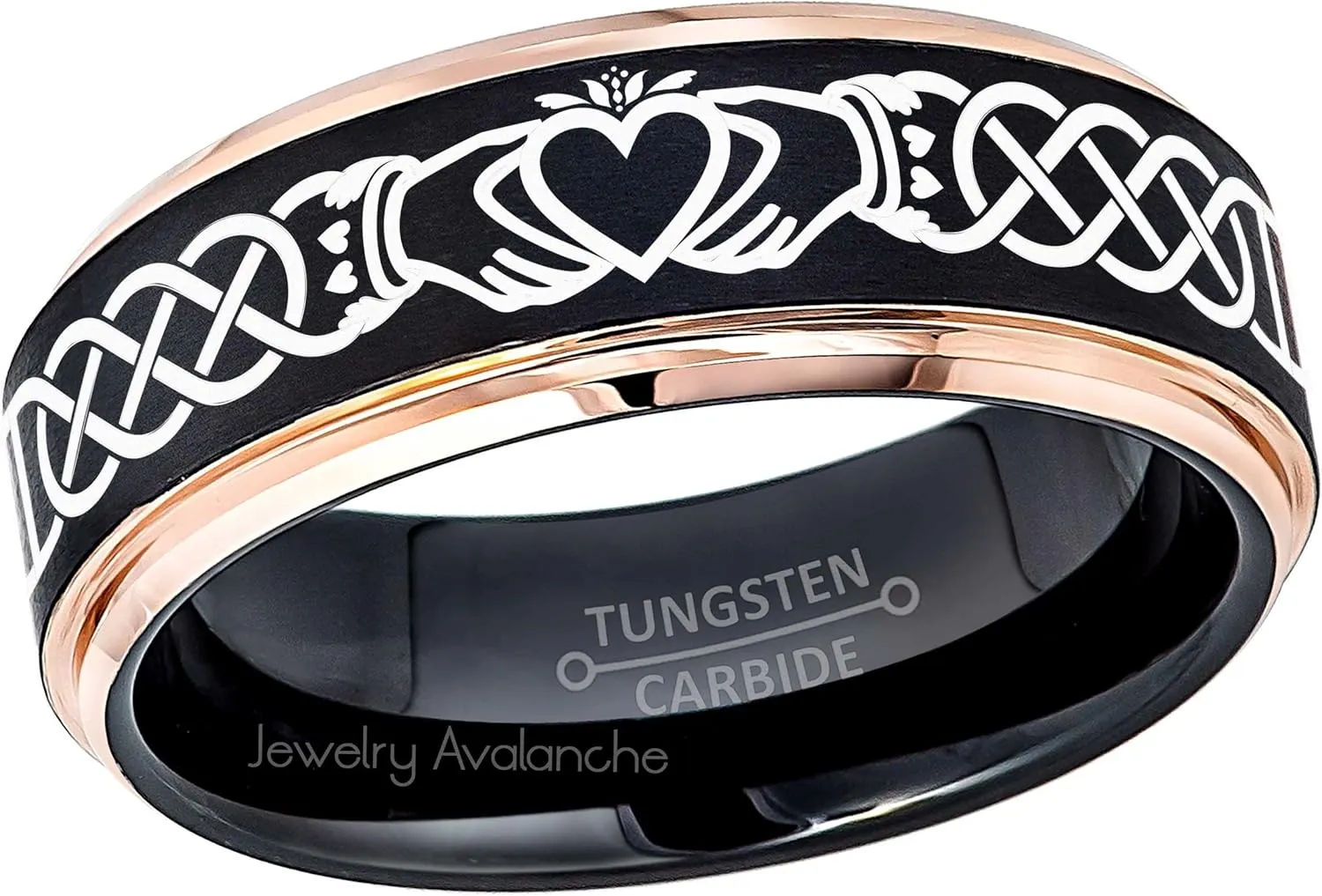 Personalized Celtic Claddagh Tungsten Rings Matching Bands or by Individual - 2-tone Black & Rose Gold Tungsten Carbide Ring Comfort Fit -Love Friendship Loyalty Ring