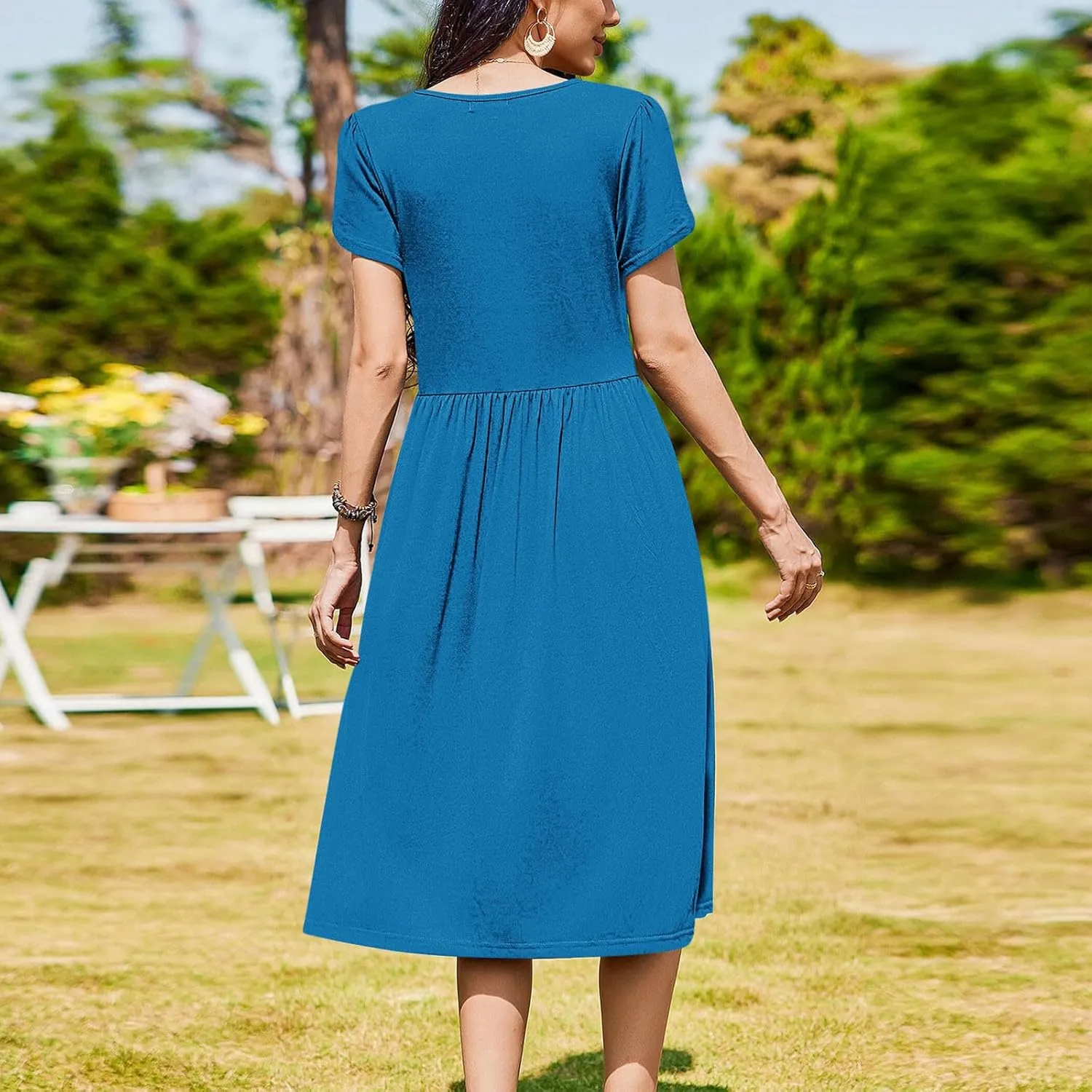 Petal Short Sleeve Midi Dresses for Women with Pockets Summer Casual Flowy Pleated A Line Swing Beach Vacation Dress