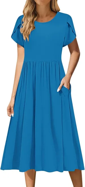 Petal Short Sleeve Midi Dresses for Women with Pockets Summer Casual Flowy Pleated A Line Swing Beach Vacation Dress