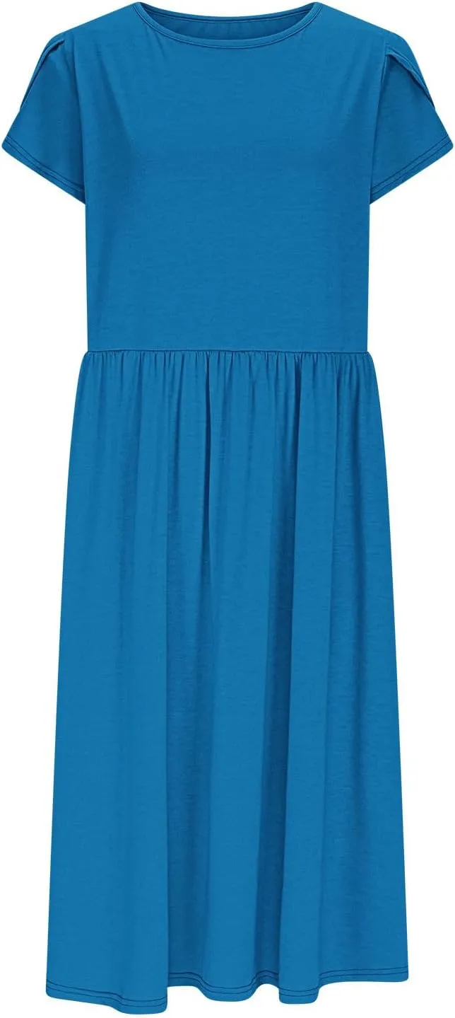 Petal Short Sleeve Midi Dresses for Women with Pockets Summer Casual Flowy Pleated A Line Swing Beach Vacation Dress