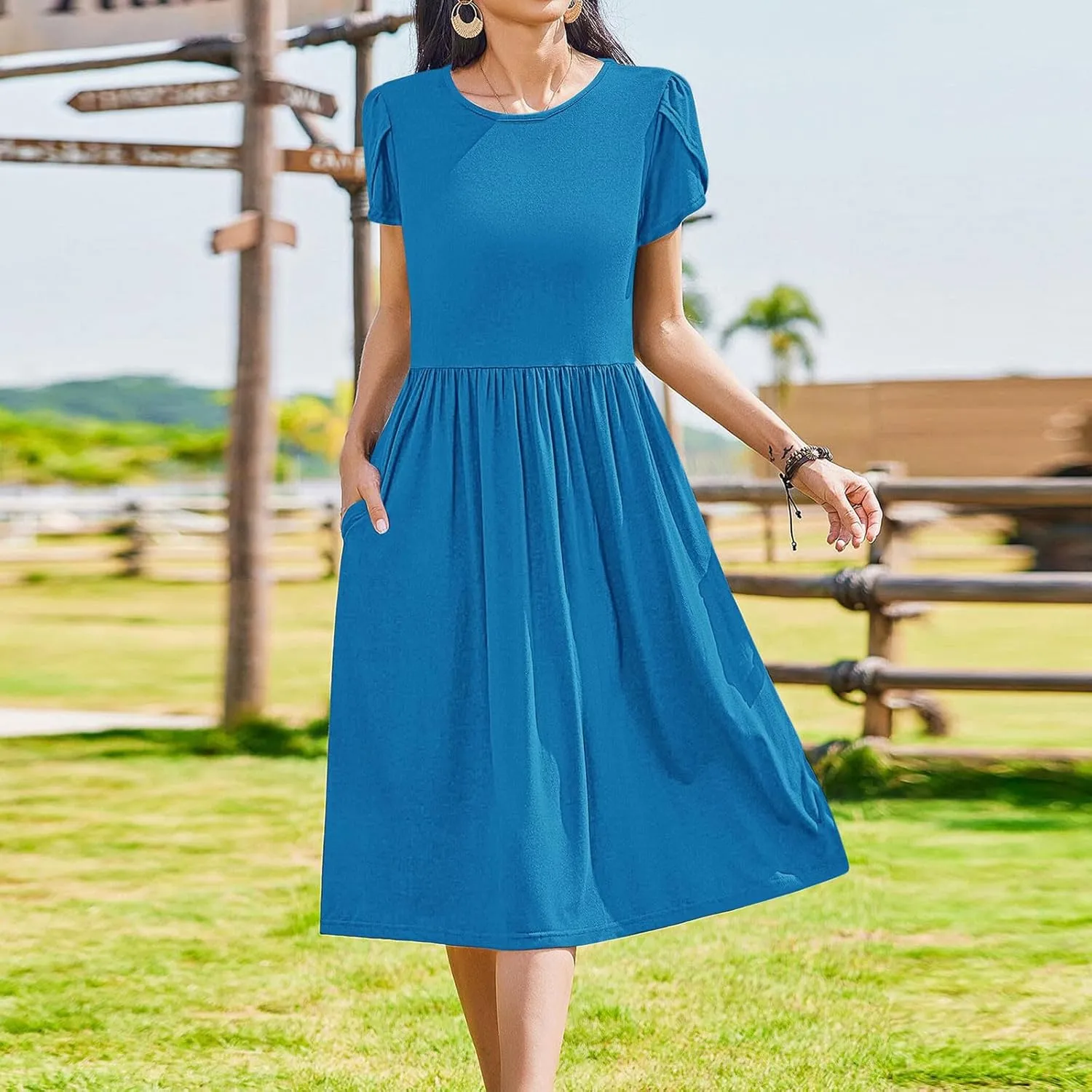 Petal Short Sleeve Midi Dresses for Women with Pockets Summer Casual Flowy Pleated A Line Swing Beach Vacation Dress