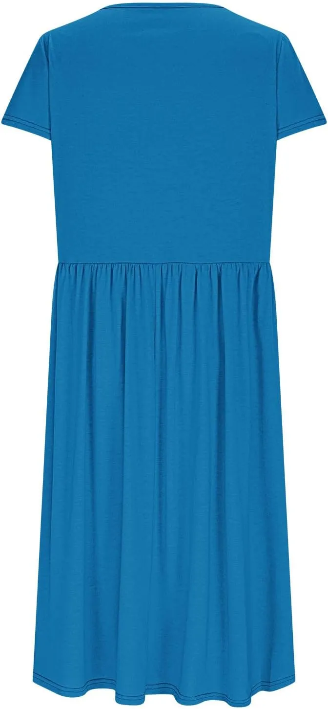 Petal Short Sleeve Midi Dresses for Women with Pockets Summer Casual Flowy Pleated A Line Swing Beach Vacation Dress