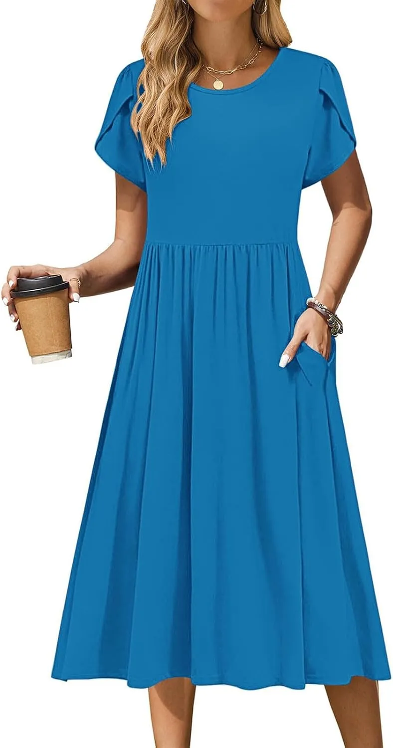 Petal Short Sleeve Midi Dresses for Women with Pockets Summer Casual Flowy Pleated A Line Swing Beach Vacation Dress