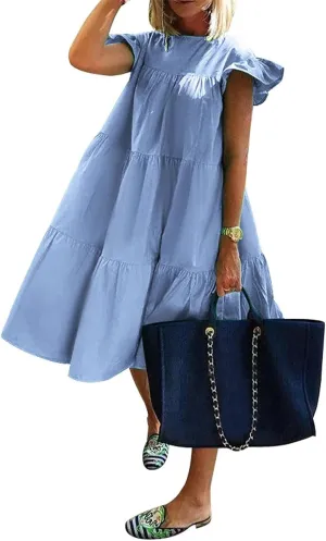 PETYCZEN Casual Summer Dresses for Women Cap Sleeve Mini Tiered Dress Cute A Line Swing Pleated Party Vacation Beach Dresses