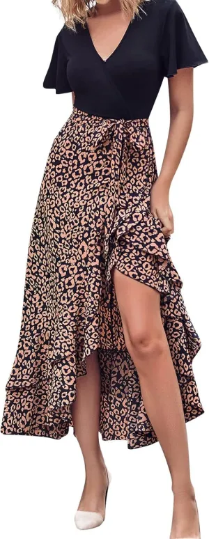 PETYCZEN Summer Dresses for Women 2023 Sexy Short Sleeve Side Slit Midi Dress Boho Floral Patchwork Ruffle Beach Party Dress