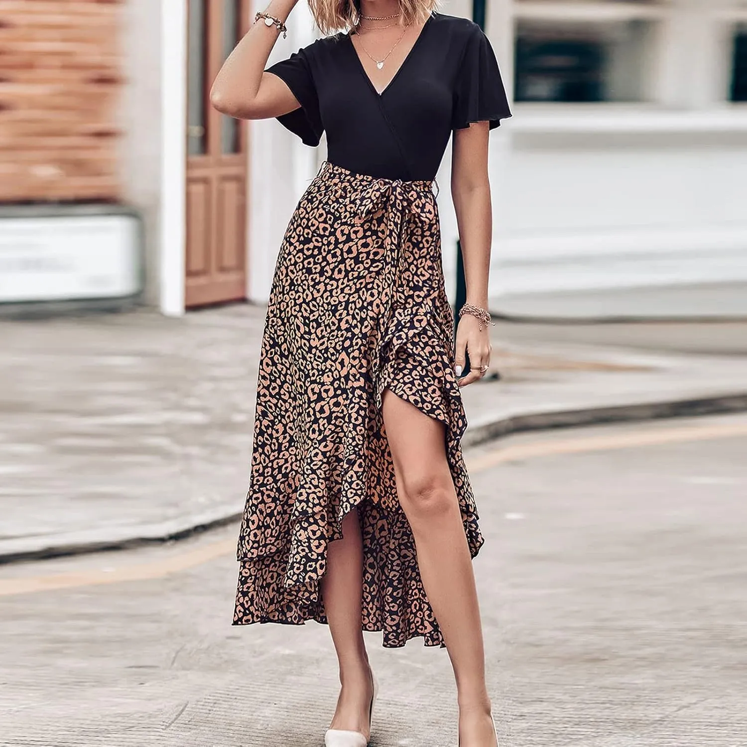 PETYCZEN Summer Dresses for Women 2023 Sexy Short Sleeve Side Slit Midi Dress Boho Floral Patchwork Ruffle Beach Party Dress