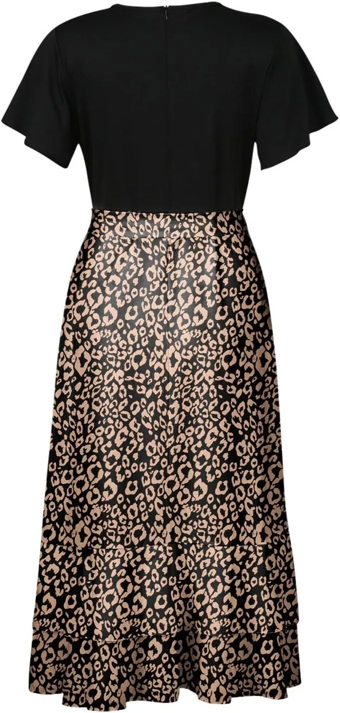 PETYCZEN Summer Dresses for Women 2023 Sexy Short Sleeve Side Slit Midi Dress Boho Floral Patchwork Ruffle Beach Party Dress