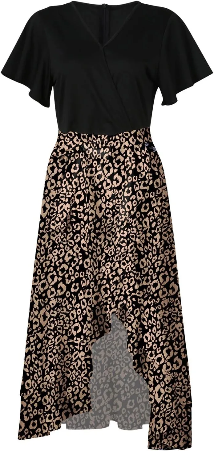 PETYCZEN Summer Dresses for Women 2023 Sexy Short Sleeve Side Slit Midi Dress Boho Floral Patchwork Ruffle Beach Party Dress