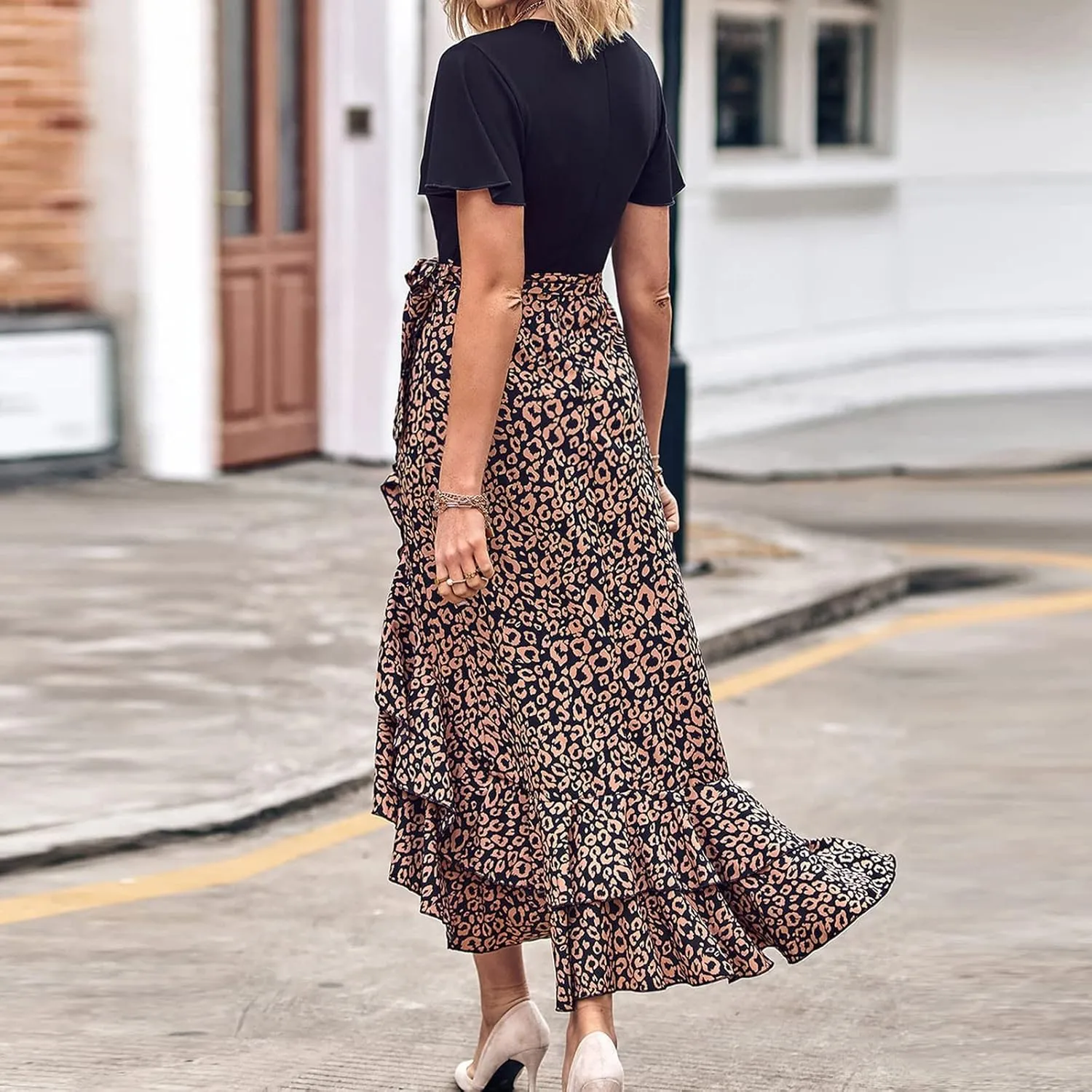 PETYCZEN Summer Dresses for Women 2023 Sexy Short Sleeve Side Slit Midi Dress Boho Floral Patchwork Ruffle Beach Party Dress