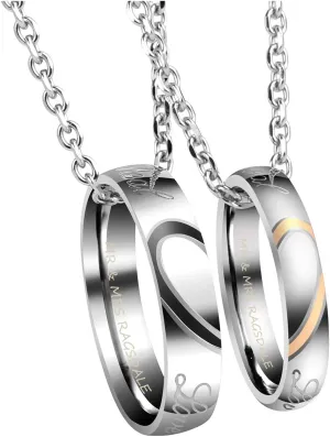 PiercingJ Free Engraving Personalized Custom Couples Necklace for Him and Her Stainless Steel Real Love Puzzle Matching Rings Pendant Necklaces Eternal Love Promise Pendant Set