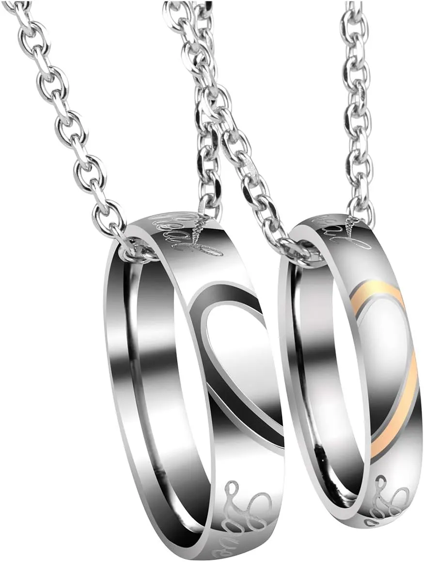 PiercingJ Free Engraving Personalized Custom Couples Necklace for Him and Her Stainless Steel Real Love Puzzle Matching Rings Pendant Necklaces Eternal Love Promise Pendant Set