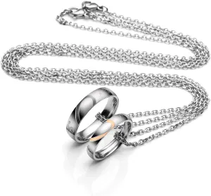 PiercingJ Free Engraving Personalized Custom Couples Necklace for Him and Her Stainless Steel Real Love Puzzle Matching Rings Pendant Necklaces Eternal Love Promise Pendant Set