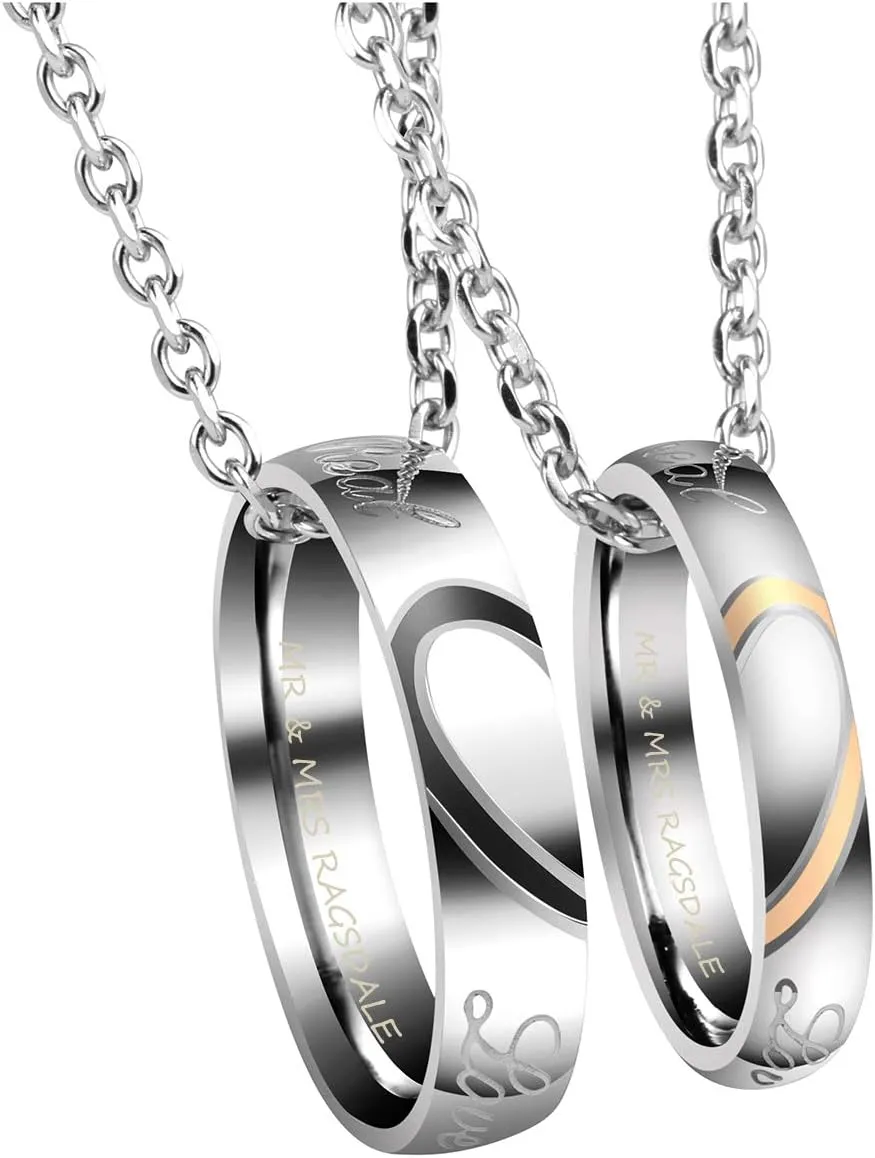 PiercingJ Free Engraving Personalized Custom Couples Necklace for Him and Her Stainless Steel Real Love Puzzle Matching Rings Pendant Necklaces Eternal Love Promise Pendant Set