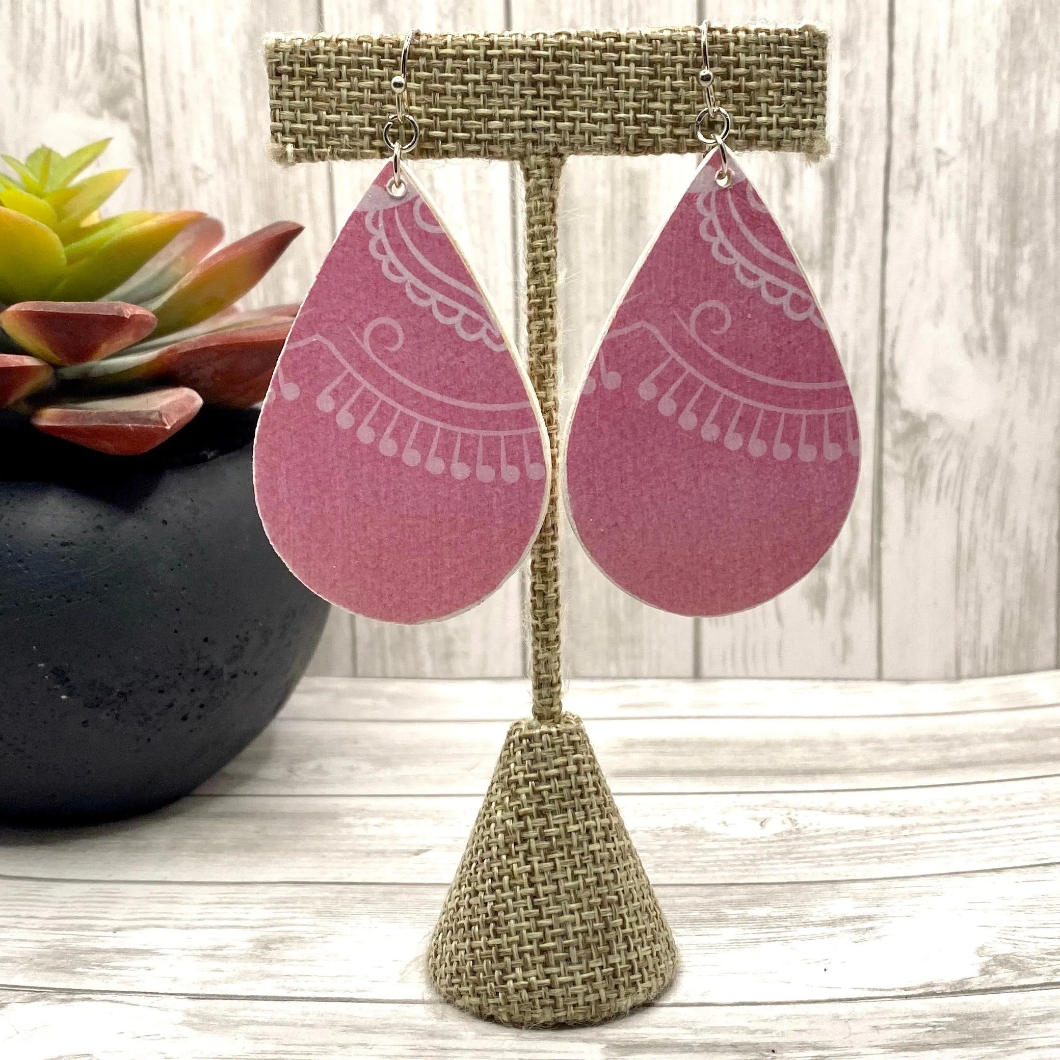 Pink and White Wood Earrings