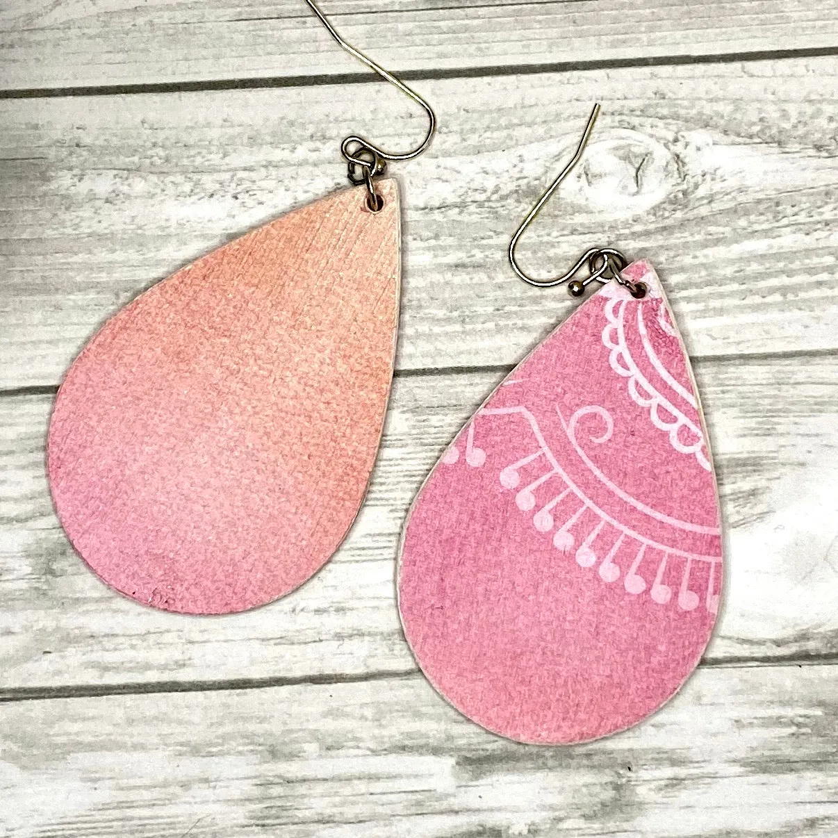 Pink and White Wood Earrings