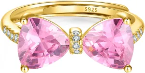 Pink Bow Rings for Women 925 Sterling Silver 14K Gold Plated Cute Dainty Cubic Zirconia Promise Rings for Her Open Adjustable Stackable Rings Jewelry Birthday Graduation Gifts