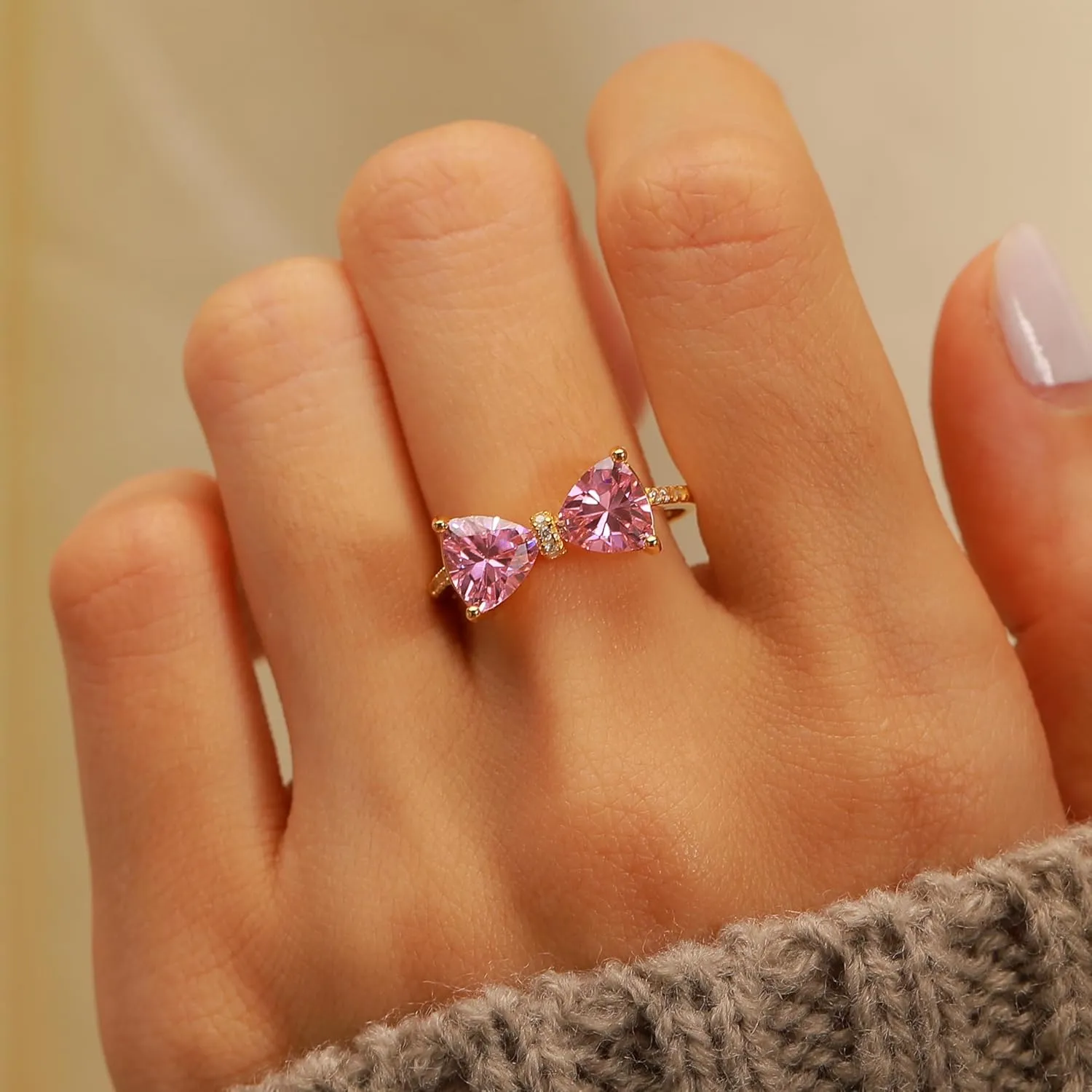 Pink Bow Rings for Women 925 Sterling Silver 14K Gold Plated Cute Dainty Cubic Zirconia Promise Rings for Her Open Adjustable Stackable Rings Jewelry Birthday Graduation Gifts