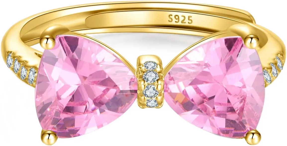 Pink Bow Rings for Women 925 Sterling Silver 14K Gold Plated Cute Dainty Cubic Zirconia Promise Rings for Her Open Adjustable Stackable Rings Jewelry Birthday Graduation Gifts