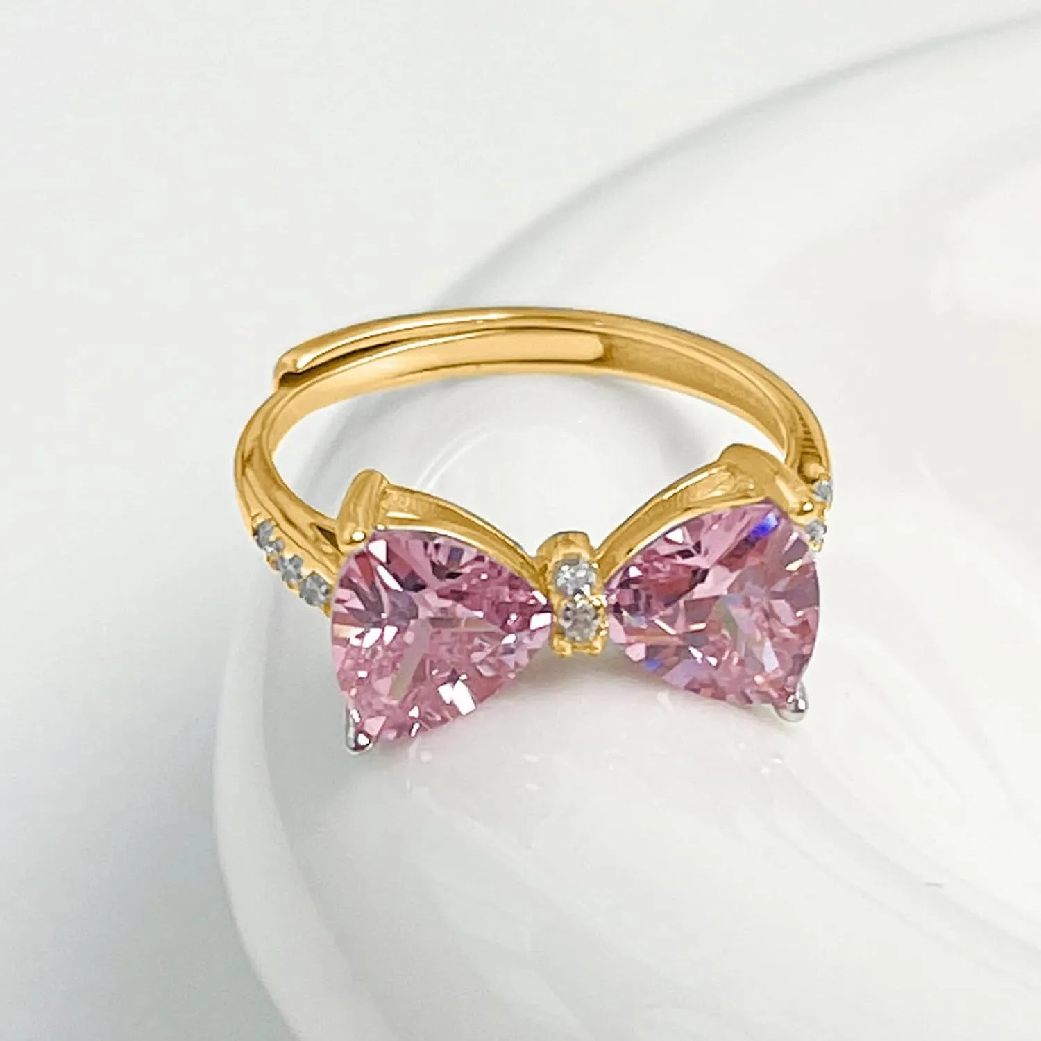 Pink Bow Rings for Women 925 Sterling Silver 14K Gold Plated Cute Dainty Cubic Zirconia Promise Rings for Her Open Adjustable Stackable Rings Jewelry Birthday Graduation Gifts