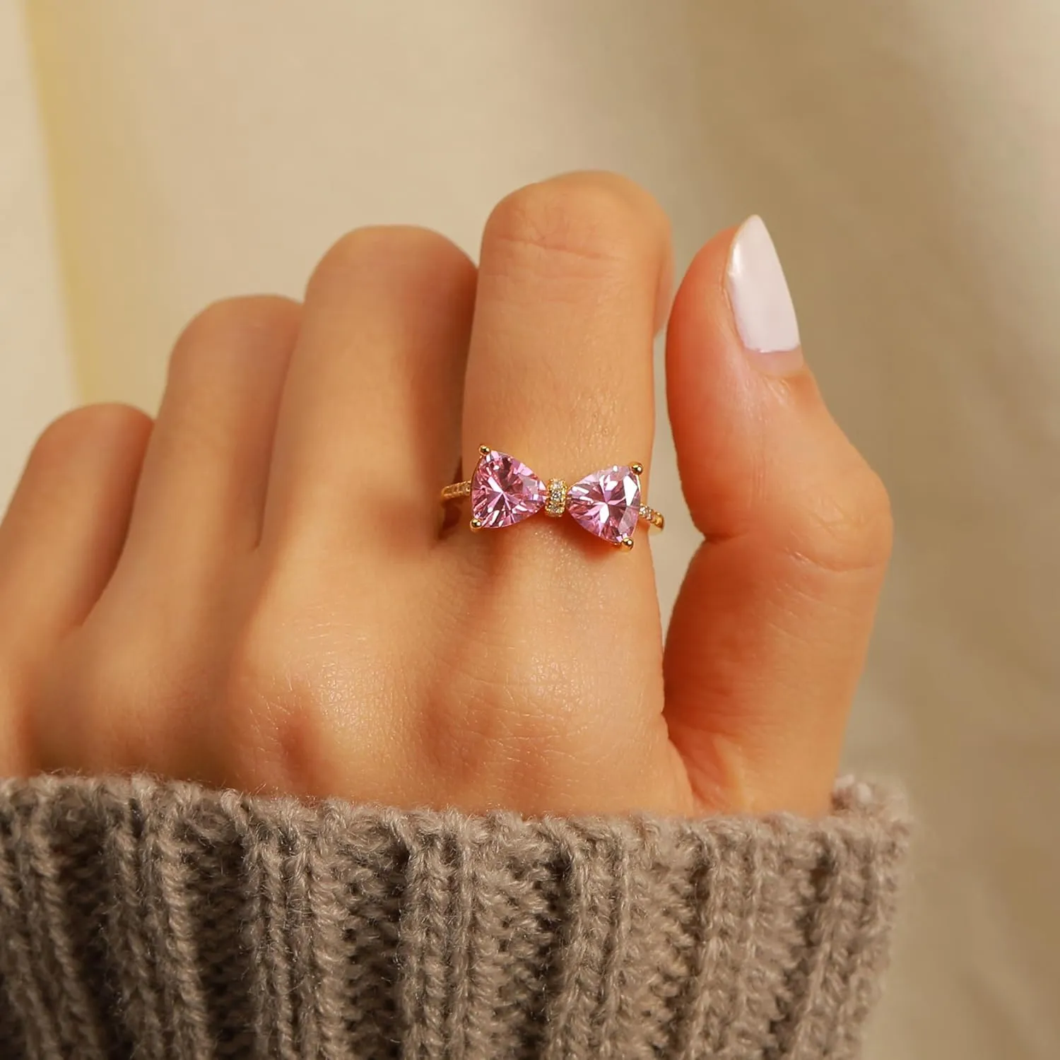 Pink Bow Rings for Women 925 Sterling Silver 14K Gold Plated Cute Dainty Cubic Zirconia Promise Rings for Her Open Adjustable Stackable Rings Jewelry Birthday Graduation Gifts