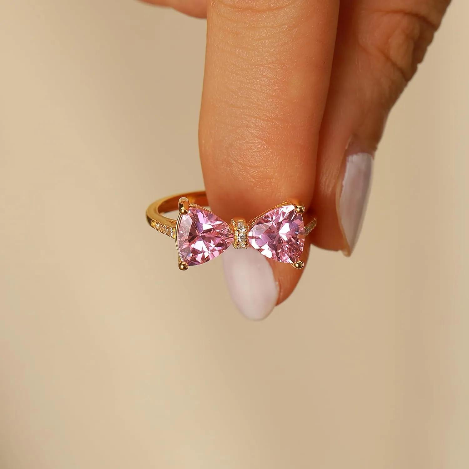 Pink Bow Rings for Women 925 Sterling Silver 14K Gold Plated Cute Dainty Cubic Zirconia Promise Rings for Her Open Adjustable Stackable Rings Jewelry Birthday Graduation Gifts