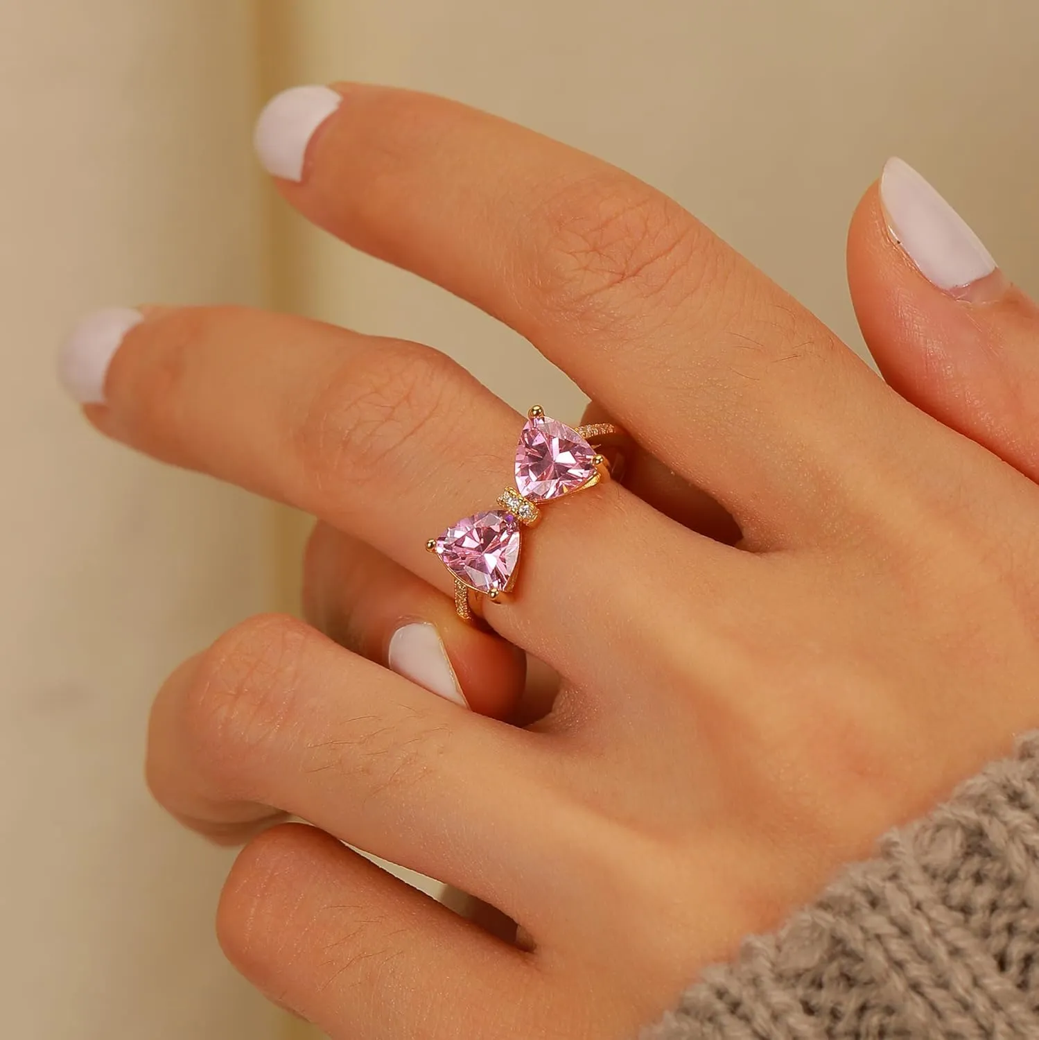 Pink Bow Rings for Women 925 Sterling Silver 14K Gold Plated Cute Dainty Cubic Zirconia Promise Rings for Her Open Adjustable Stackable Rings Jewelry Birthday Graduation Gifts