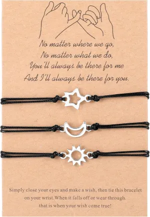 Pinky Promise Matching Bracelet, 3 Sun Moon Star Friendship Bracelets Gift Best Friend Charm Bracelets for Women Adjustable Braided Sister Jewelry Gift for Best Friend Family Teens