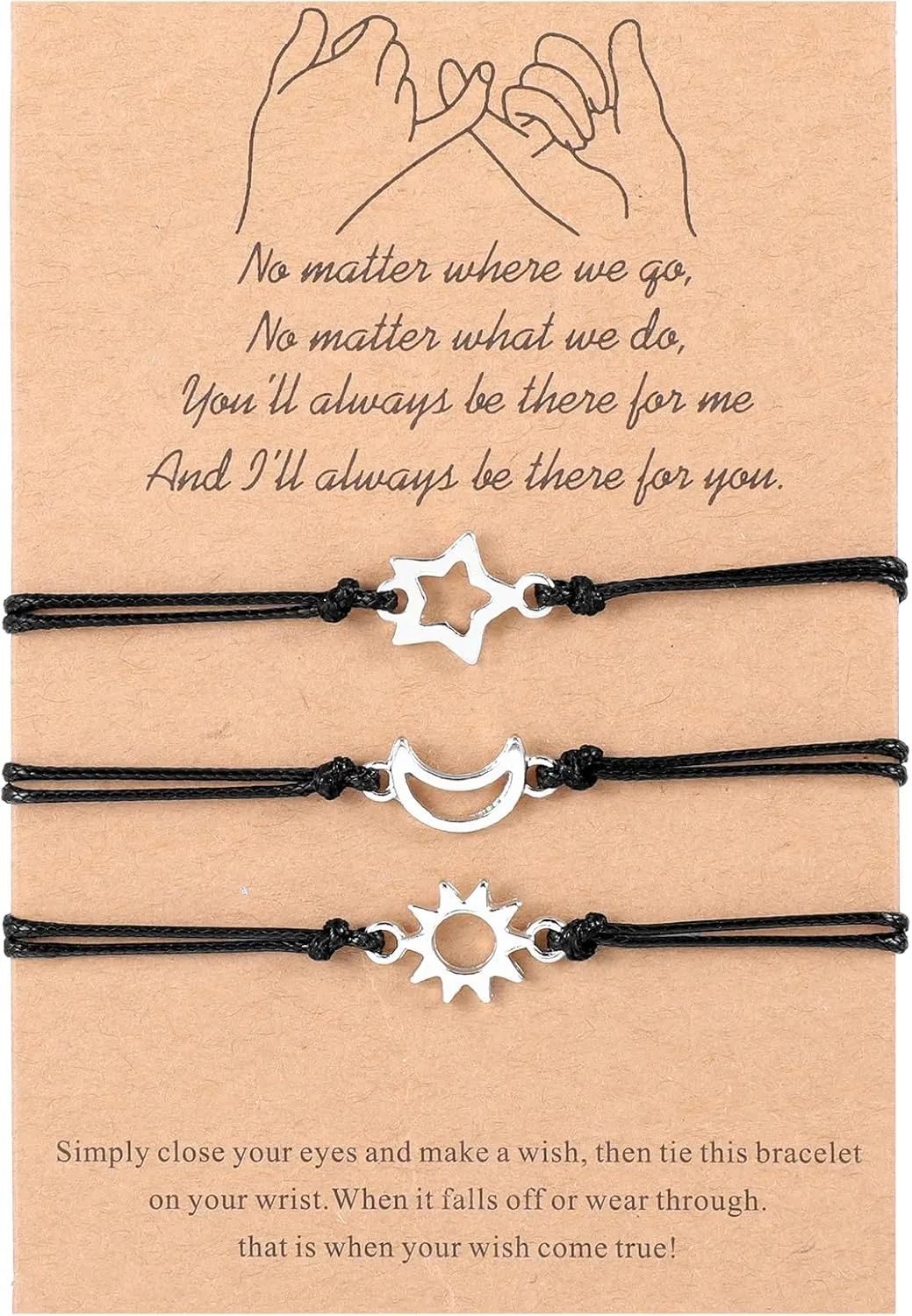 Pinky Promise Matching Bracelet, 3 Sun Moon Star Friendship Bracelets Gift Best Friend Charm Bracelets for Women Adjustable Braided Sister Jewelry Gift for Best Friend Family Teens