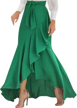 Plaid Mermaid Maxi Skirt for Women Asymmetrical Tied High Waist Ruffle Hem Skirts Casual Fashion Vintage Swing Skirt