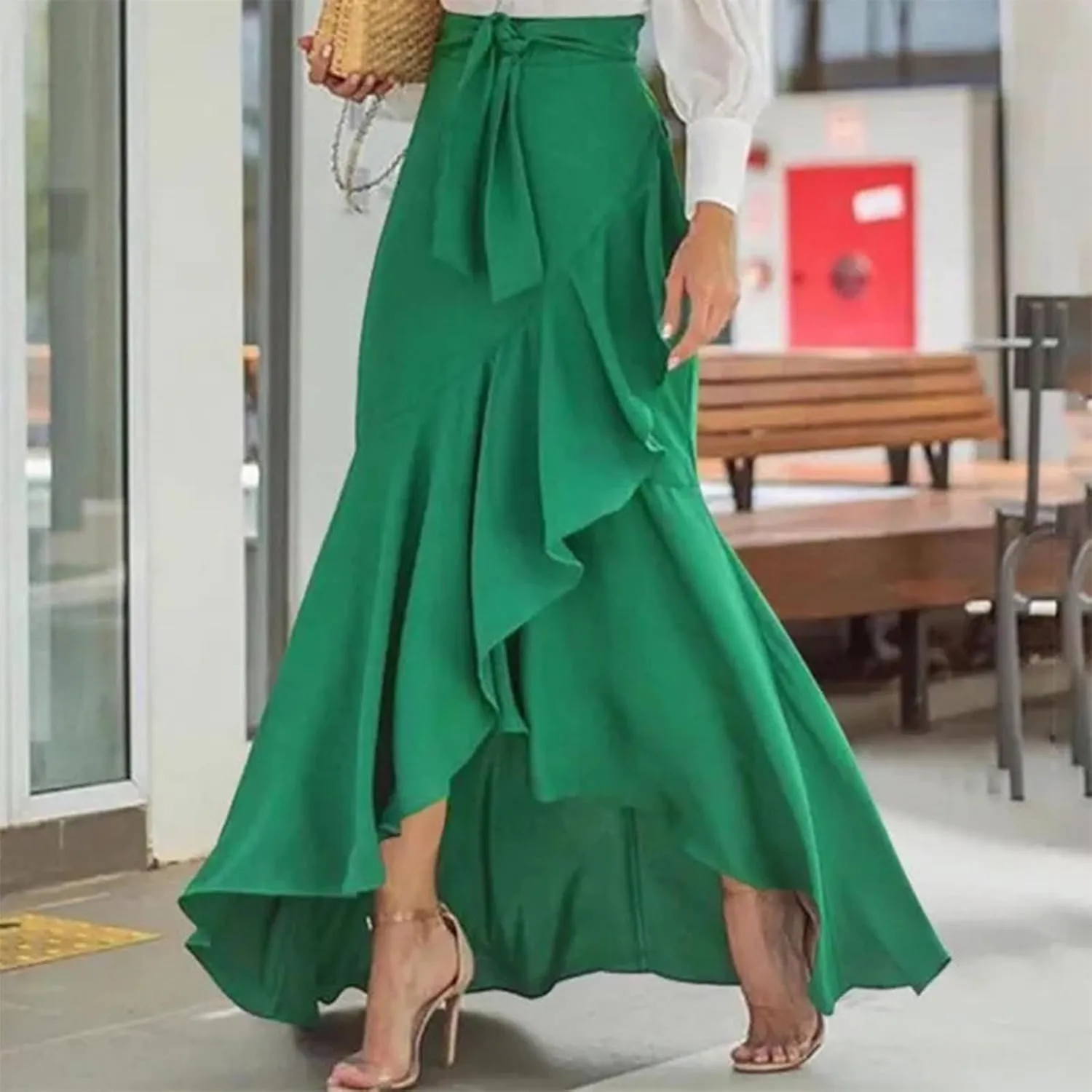 Plaid Mermaid Maxi Skirt for Women Asymmetrical Tied High Waist Ruffle Hem Skirts Casual Fashion Vintage Swing Skirt