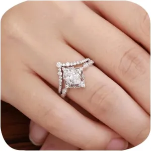 Platinum Plated Teardrop CZ Solitaire Engagement Ring Set Pear-Shaped Bridal Rings Sets for Women Wishbone 'V' Cubic Zirconia Stackable Simulated Diamond Eternity Wedding Promise Band 9#