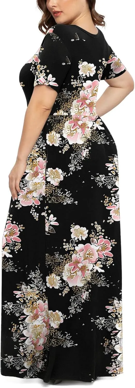 Plus Size Beach Dresses for Women 2024 Vacation Printed Sundresses Midi Flowy Casual Floral Long Outfit Short Sleeve