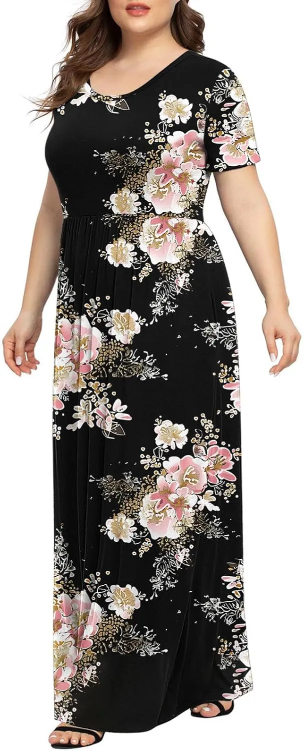 Plus Size Beach Dresses for Women 2024 Vacation Printed Sundresses Midi Flowy Casual Floral Long Outfit Short Sleeve