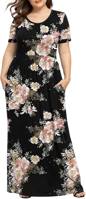 Plus Size Beach Dresses for Women 2024 Vacation Printed Sundresses Midi Flowy Casual Floral Long Outfit Short Sleeve