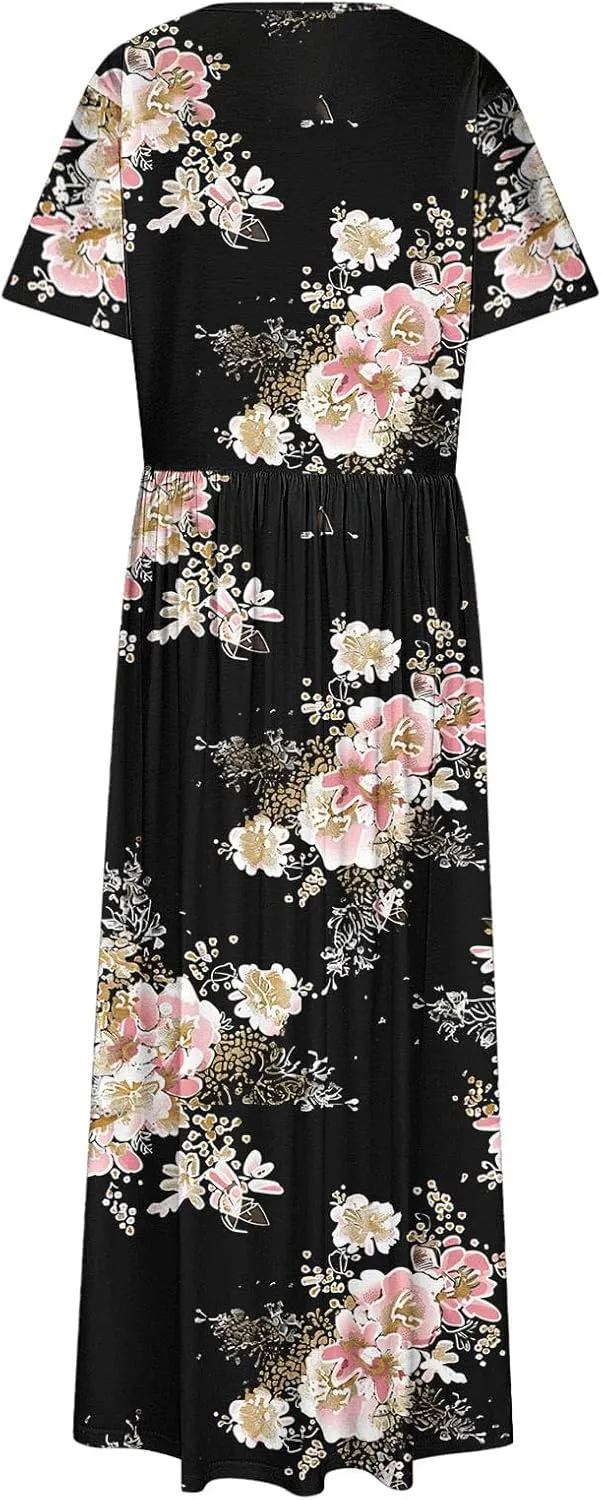 Plus Size Beach Dresses for Women 2024 Vacation Printed Sundresses Midi Flowy Casual Floral Long Outfit Short Sleeve