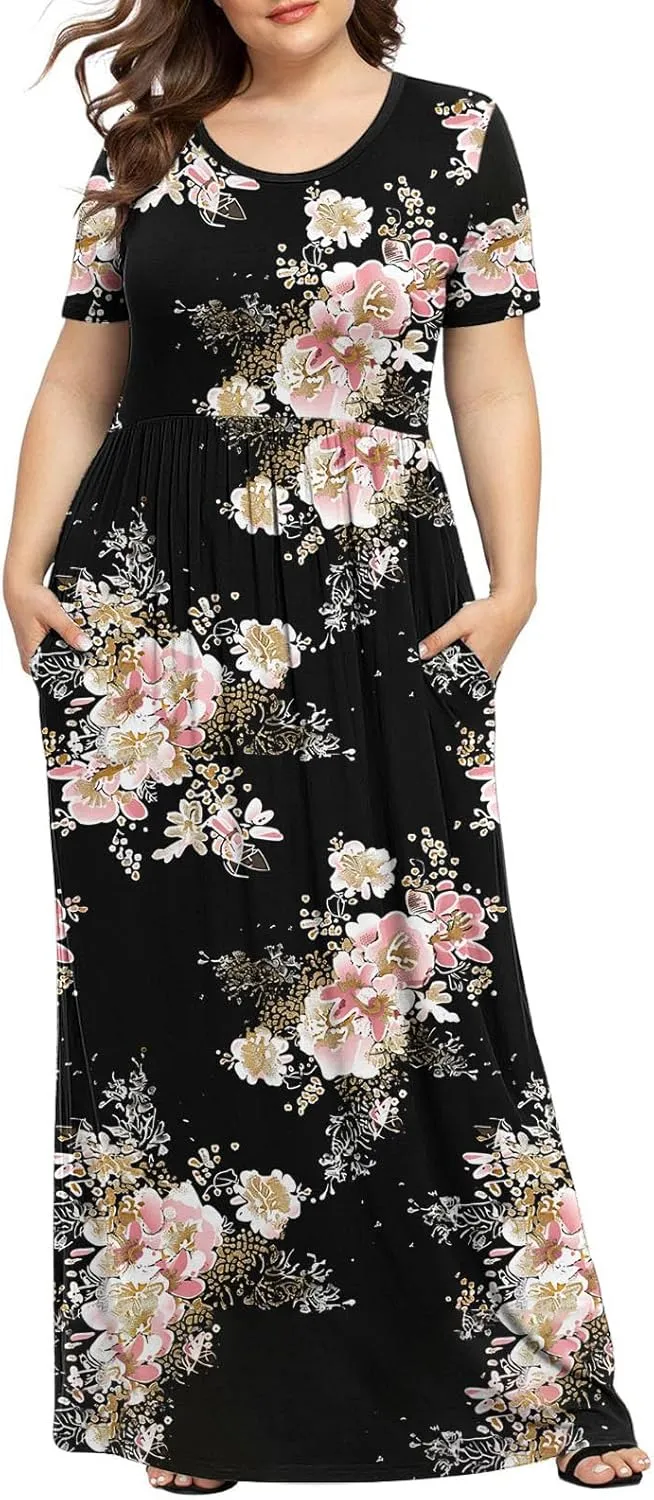 Plus Size Beach Dresses for Women 2024 Vacation Printed Sundresses Midi Flowy Casual Floral Long Outfit Short Sleeve