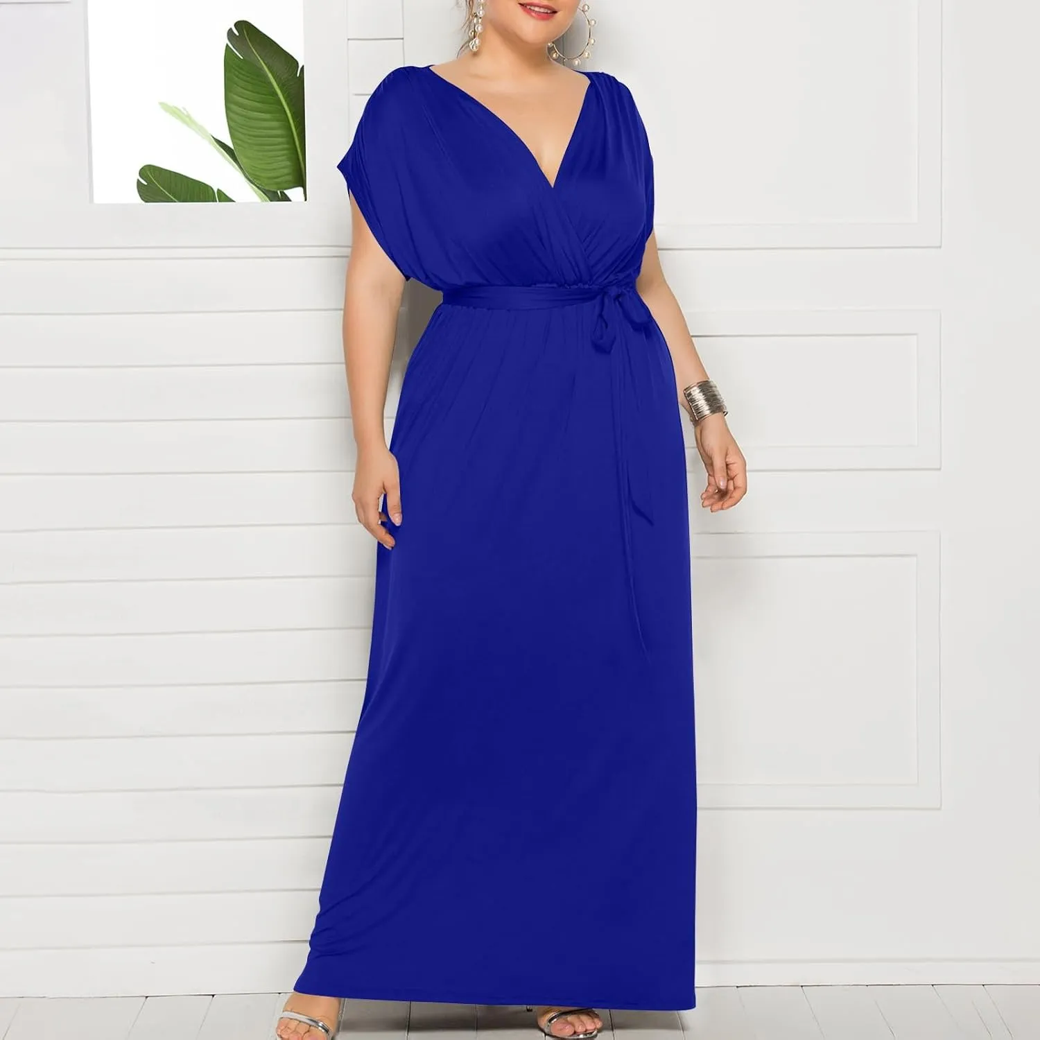 Plus Size Dress for Curvy Women Bridesmaid Long Evening Maxi Wrap Dress 2025 Wedding Guest Maxi Dresses with Belt