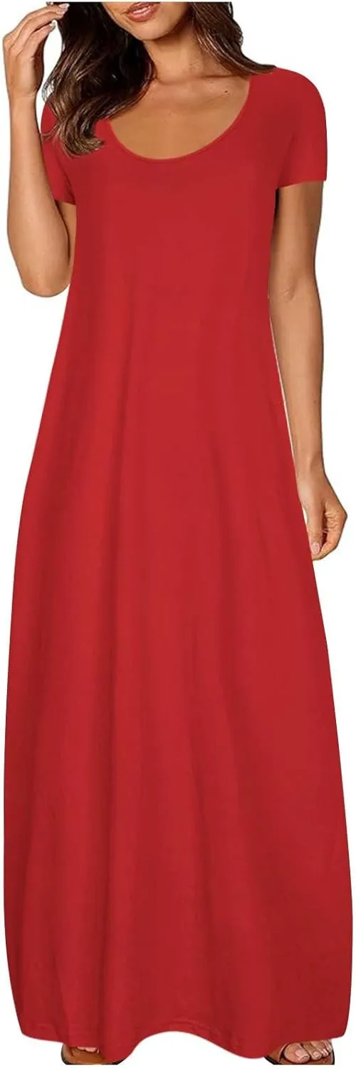 Plus Size Dresses for Curvy Women Loose Fit Round Neck Summer Beach Dresses Casual Flowy Maxi Tshirt Sundresses