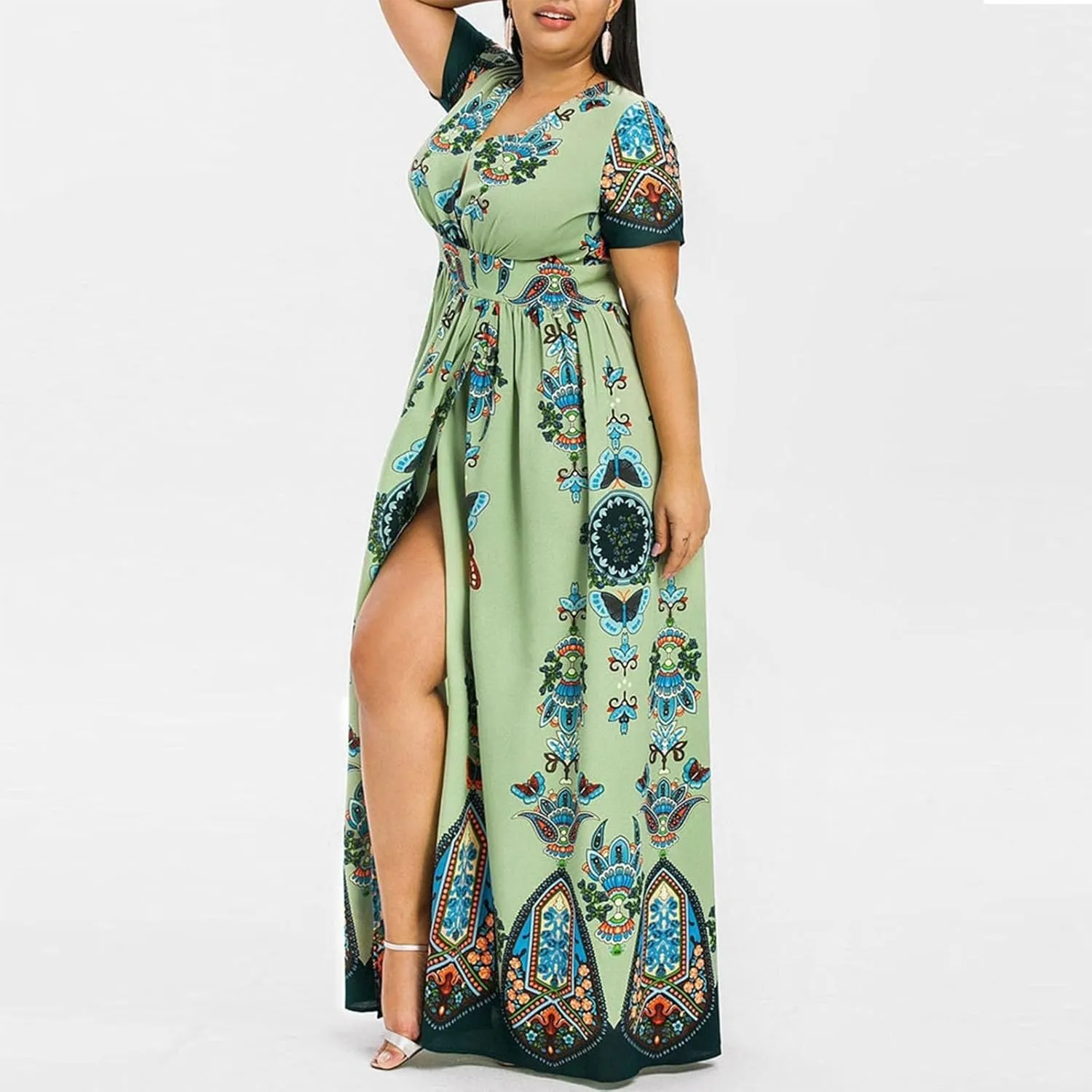 Plus Size Fashion Women Butterfly Printed V-Neck Short Sleeve Casual Long Dress