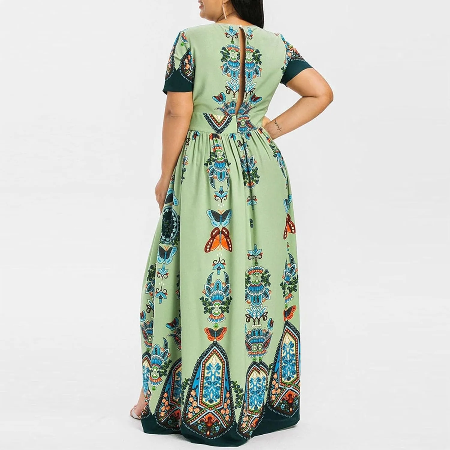 Plus Size Fashion Women Butterfly Printed V-Neck Short Sleeve Casual Long Dress