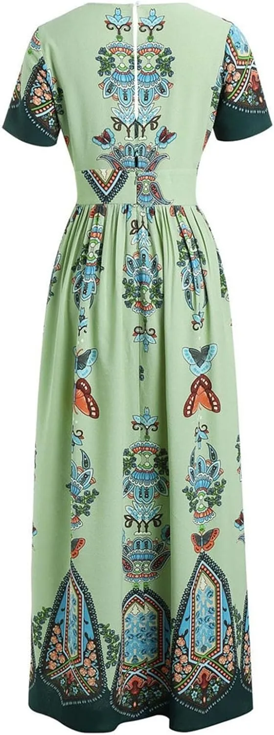 Plus Size Fashion Women Butterfly Printed V-Neck Short Sleeve Casual Long Dress
