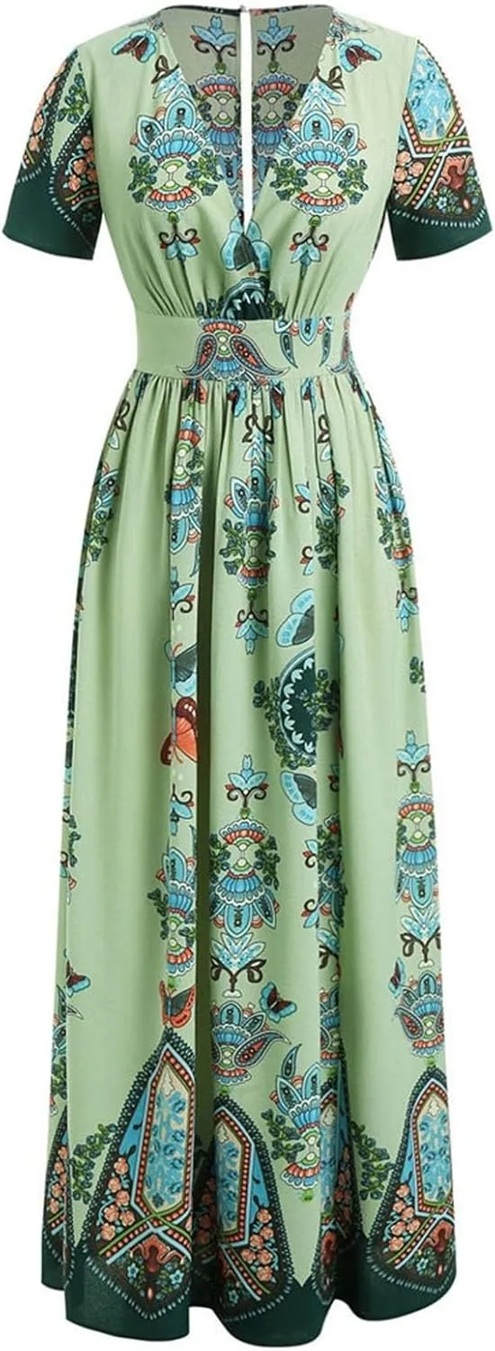 Plus Size Fashion Women Butterfly Printed V-Neck Short Sleeve Casual Long Dress